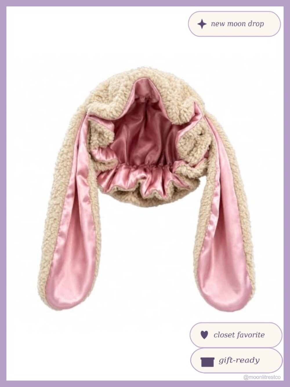 Satin-Lined Plush Bunny Ear Sleep Bonnet Adjustable Women Hair Cap